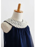 Navy Blue Chiffon Pearls Embellished Slit Back Short Flower Girl Dress Navy Blue Chiffon Pearls Embellished Slit Back Short Flower Girl Dress